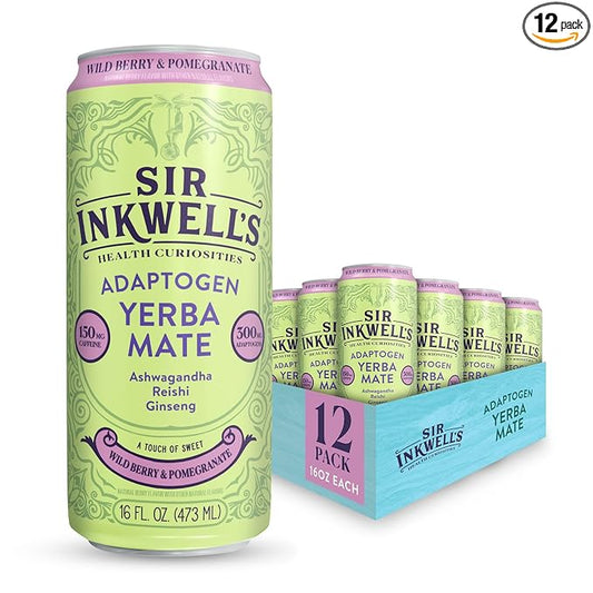 SIR INKWELL’S Adaptogen Yerba Mate Tea | Healthful Energy + Productivity 150 mg Organic Caffeine | 300mg Ashwagandha Reishi Ginseng |Non-GMO Certified | Wild Berry & Pomegranate 16oz 12pk