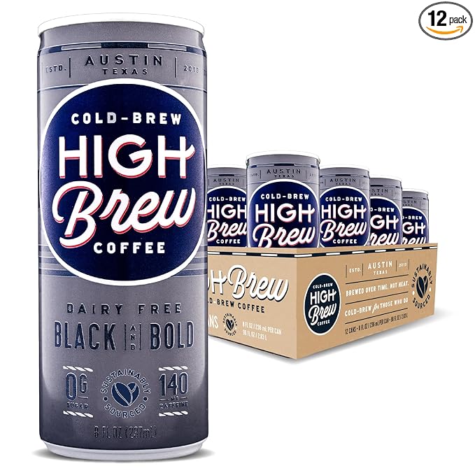 High Brew Black & Bold Cold Brew Coffee, Caffeinated, Dairy Free, 8 Ounces (Pack Of 12)