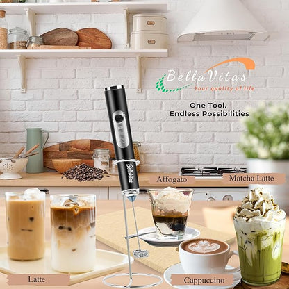 Milk Frother Handheld Rechargeable 3-Speed Electric Frother Wand Whisk Foam Maker Drink Mixer with Stand, 2 Whisks, Spice Shaker, Art Stencils, Art Pen for Coffee Latte, Cappuccino, Black