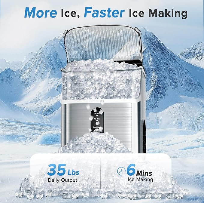 Countertop Nugget Ice Maker Pro - 34lbs/24H, Self-Cleaning Pellet Ice Machine with Soft Chewable Ice, One-Touch Operation for Home, Kitchen, Office (Silver)