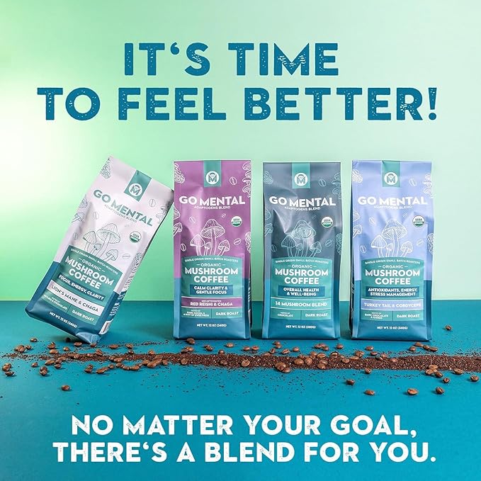 Organic 14 Mushroom Coffee Blend Dark Roast, Organic Lion's Mane, Chaga, Red Reishi and more, Chocolate Notes, Enhances Overall Health, Immune Support And Wellbeing, Ground 12 oz Bag (2 Pack)