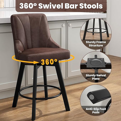 Swivel Bar Stools with Backs, 24" Counter Height Barstools Set of 8, Fabric Upholstered Counter Bar Stools with Solid Wood Legs for Kitchen Island, Home Bar, Brown
