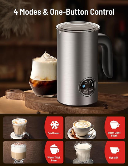 Milk Frother, Airyoyo 4-in-1 Milk Frother with Stand, Electric Milk Frother and Steamer Hot& Cold Foam Temperature Control, Auto Shut-Off Frother for Coffee Latte