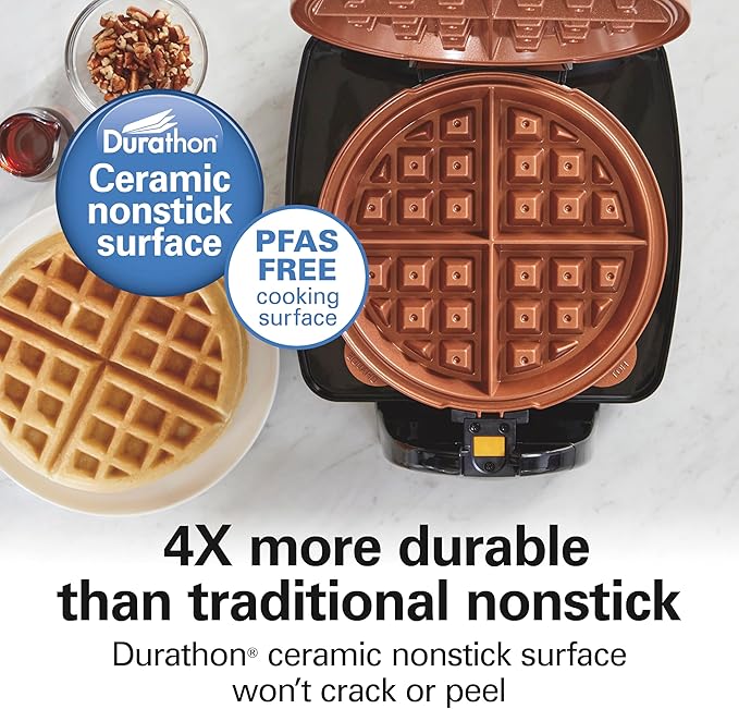 Hamilton Beach Belgian Waffle Maker with Removable PFAS-Free Durathon Nonstick Coated Plates, Easy Flip, Ceramic Grids, Black (26031)