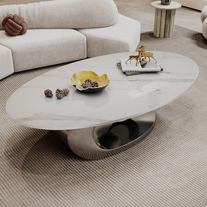 Marble Grain Coffee Table with Gold Stainless Steel Pedestal,Modern Coffee Tables,Oval Living Room Table with Faux Marble Top & Luxury Legs,Sintered Stone Cocktail Center Table,49.20inch