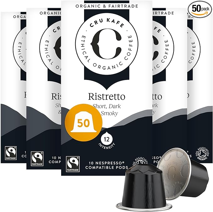 Cru Kafe Ristretto USDA Organic Espresso Coffee Capsules (50 Pods) Fairtrade Coffee Pods Compatible with Nespresso Original Line and Pixie Machines