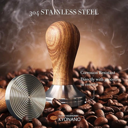 KYONANO Espresso Tamper 51mm - Coffee Tamper with Dalbergia Odorifera Handle - Espresso Press Hand Tamp PLUS Free Milk Frothing Pitcher 12oz/350ml, Silicone Tamper Mat - Fits 51mm Delonghi Portafilter