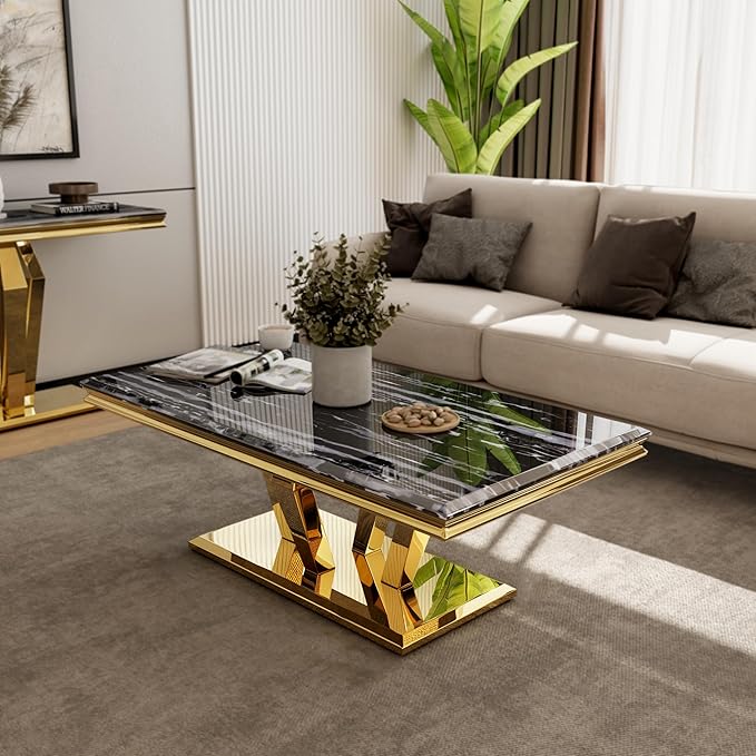 4 Piece Black and Gold Living Room Table Set 1Coffee+2End+1Console