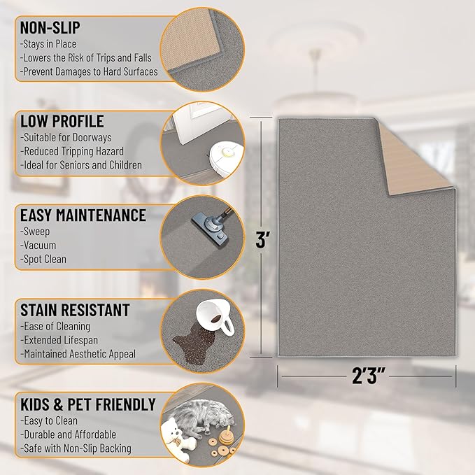 Ottomanson Rugs for Entryway 2'3" x 3' Non Slip Solid Small Area Rugs Durable Front Door Mat Rug Stain Resistant Entrance Rugs for Bathroom Kitchen Bedroom & Living Room, Gray