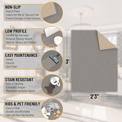 Ottomanson Rugs for Entryway 2'3" x 3' Non Slip Solid Small Area Rugs Durable Front Door Mat Rug Stain Resistant Entrance Rugs for Bathroom Kitchen Bedroom & Living Room, Gray