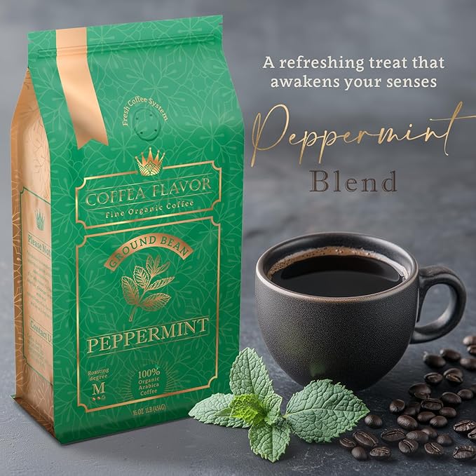 Flavored Ground Coffee – Peppermint, 100% Arabica, Single Origin, Medium Roast, USDA Organic, Naturally mint Flavored – by Coffea Flavor