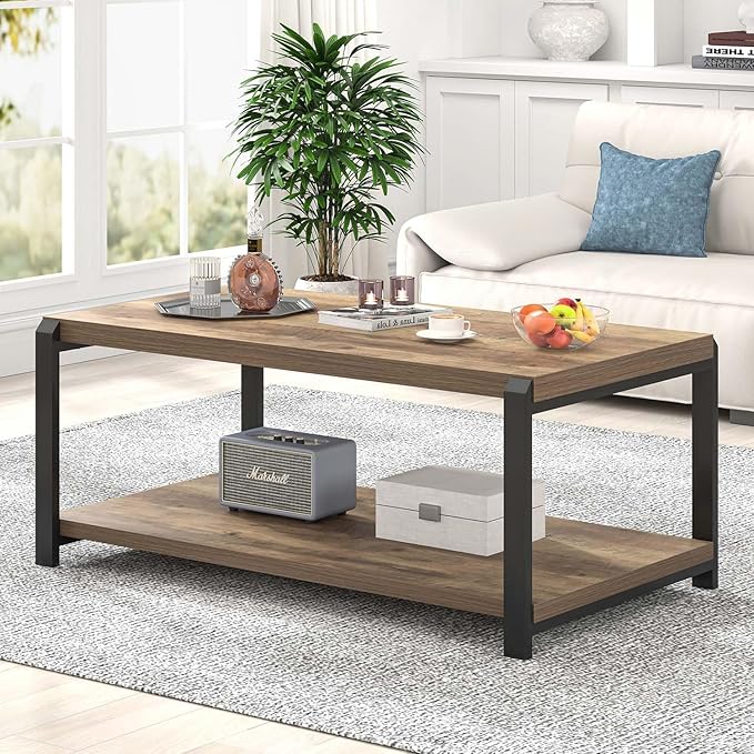 EXCEFUR Modern Coffee Table, Rustic Wood and Metal Center Table for Living Room, Industrial Rectangle Cocktail Tea Table with Storage, Oak
