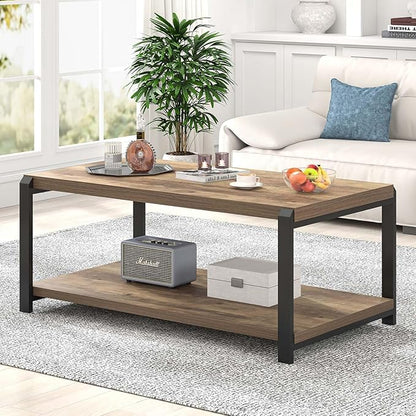 EXCEFUR Modern Coffee Table, Rustic Wood and Metal Center Table for Living Room, Industrial Rectangle Cocktail Tea Table with Storage, Oak