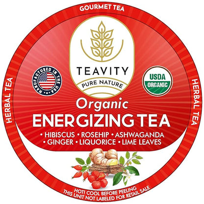 Organic Ashwagandha Tea Pods for Keurig with Ginger, Licorice, Organic Hibiscus Sabdariffa, Rosehip, & Lime - Decaf Herbal Tea - Energizing Tea by Teavity (24 Tea Pods)