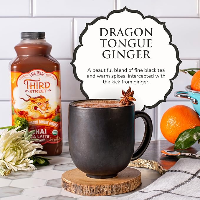 Third Street Inc. Organic Dragon Tongue Ginger Chai Concentrate, 32 Fl. Oz., Black Tea Latte Concentrate, Generously Spiced Tea Blend, Beverage Concentrate 1:1, Vegan, Gluten Free, Kosher, Non-GMO