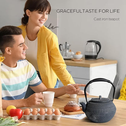 Cast iron Teapot, Tea Kettle for Stovetop Safe with Stainless Steel Infuser, Japanese Hand-made Line Pattern Tea Pot Coated with Enameled Interior for 42oz, 1200ml Dark Blue