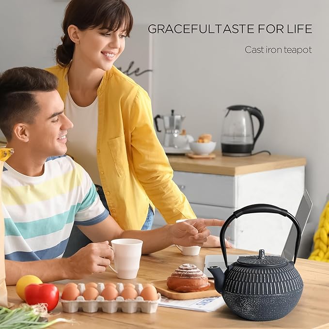 Cast iron Teapot, Tea Kettle for Stovetop Safe with Stainless Steel Infuser, Japanese Hand-made Line Pattern Tea Pot Coated with Enameled Interior for 42oz, 1200ml Dark Blue