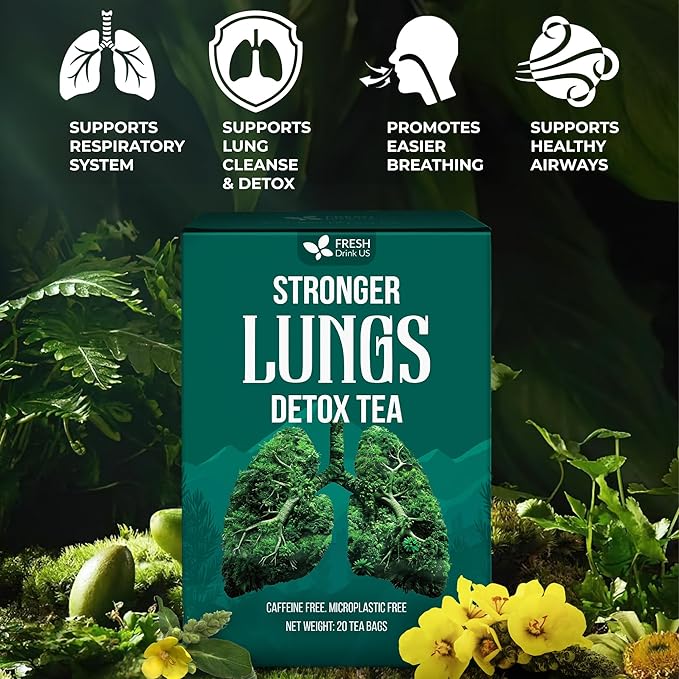 FreshDrinkUS StrongerLungs 20 Tea Bags - Mullein Leaf, Ginseng, Elderberry, Ginger & Thyme - Supports Lung Cleanse, Congestion Relief & Mucus Detox - Caffeine-Free & All-Natural