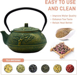 Load image into Gallery viewer, 900ml Small Cast Iron Tea Kettle, SECHUDO Teapot Coated with Enameled Interior for Stovetop, Japanese Green Tea Pot with Stainless Steel Strainer for Loose Leaf, Pine,Bamboo and Plum Pattern(30.4oz)
