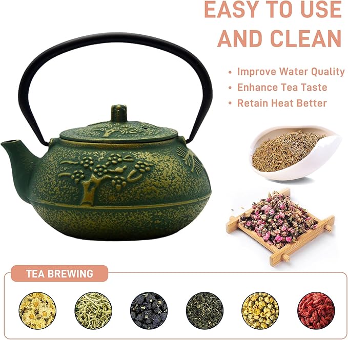 900ml Small Cast Iron Tea Kettle, SECHUDO Teapot Coated with Enameled Interior for Stovetop, Japanese Green Tea Pot with Stainless Steel Strainer for Loose Leaf, Pine,Bamboo and Plum Pattern(30.4oz)