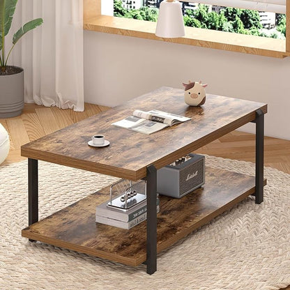 FOLUBAN Modern Coffee Table, Rustic Wood Center Table with Storage for Living Room, Industrial Rectangle 2 Tier Low Cocktail Tea Table, Rustic Brown