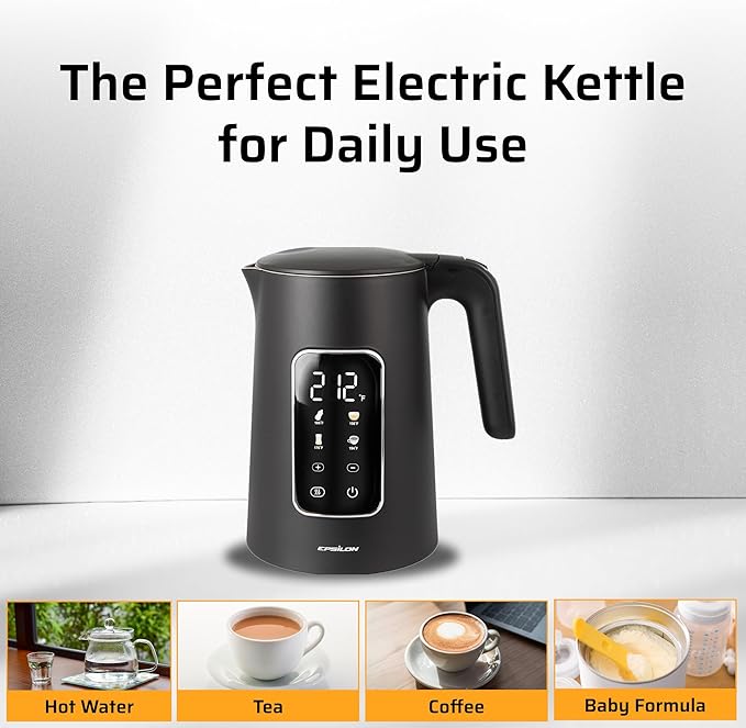 Epsilon LCD Electric Kettle 1100W - 1.7L Hot Water Tea Kettle with Digital Display, Temperature Control, Fast Boil, BPA-Free Electric Teapot with Auto Shut-Off & Boil Dry Protection