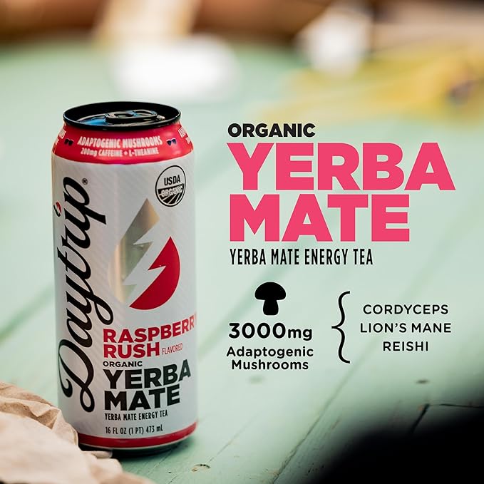 Daytrip Organic Yerba Mate Energy Drink- Clean, Plant Based Caffeine (200mg) with Adaptogenic Mushrooms and Green Tea for Focus and Brain Fog - Low Calorie, Low Sugar (12 Pack Case)