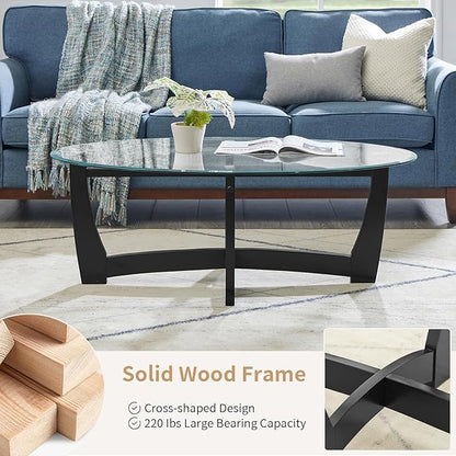 48" Oval Glass Coffee Table with Tempered Glass Top Cross and Solid Wood Base Simple & Modern Center Table for Living Room Office Apartment Black