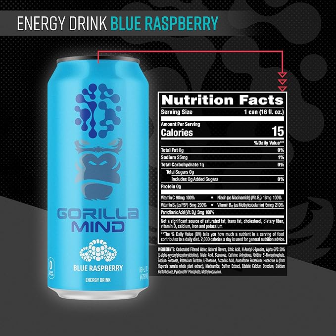 Gorilla Mind Energy Drink | Unmatched Energy · Amplified Focus | N-Acetyl-L-Tyrosine, Alpha-GPC, 200mg Caffeine, Uridine, Saffron | 0 Sugar Or Artificial Colors | 16oz, 12-Pack (Blue Raspberry)
