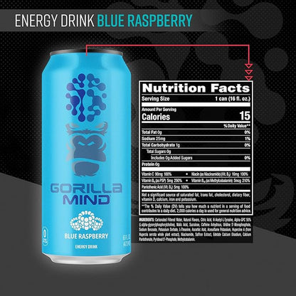 Gorilla Mind Energy Drink | Unmatched Energy · Amplified Focus | N-Acetyl-L-Tyrosine, Alpha-GPC, 200mg Caffeine, Uridine, Saffron | 0 Sugar Or Artificial Colors | 16oz, 12-Pack (Blue Raspberry)