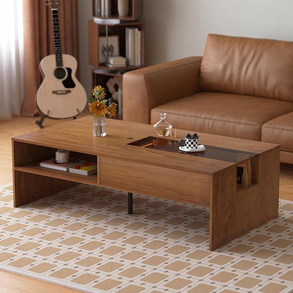 Coffee Table with LED Lights, 51" Modern Rectangular Living Room Center Table with Storage Shelves & Hidden Compartment, Stylish Tea Table for Apartment, Home, Office