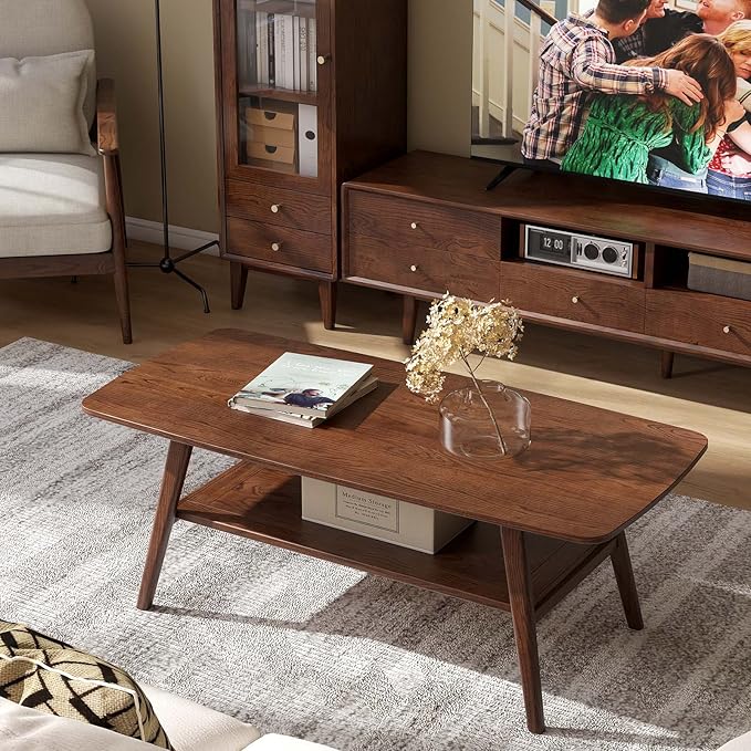 100% Solid Wood Coffee Table for Living Room, Mid Century Modern Small Tables with Shelf Storage, Storage Coffee Table with Rounded Corners (Oak Wood Walnut Color, 47.24" L)
