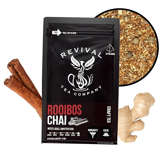 Revival Tea Company Rooibos Chai Tea - Rooibos Red Tea Blend with Fresh Spiced Chai Flavor - Caffeine Free - Loose Leaf 8 Ounces
