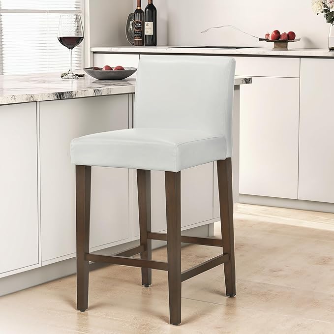 CHITA Counter Height Bar Stools Set of 2, 27" H Seat Height Upholstered Barstools, PU Leather in White