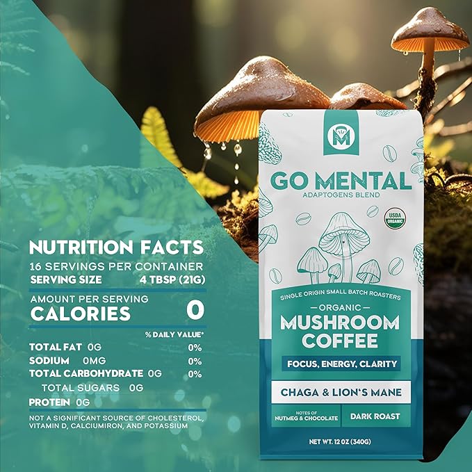 Organic Mushroom Coffee 3 Bag Gift Box Set, Lion's Mane & Chaga, Red Reishi & Chaga Decaffeinated, Turkey Tail & Cordyceps, Immune Support & Overall Wellbeing Dark Roast 36oz Ground