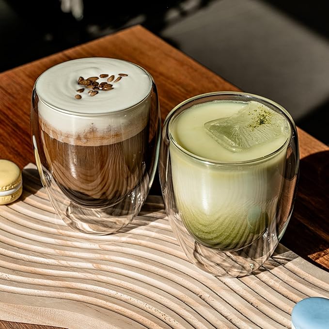 Double Wall Glass Coffee Mugs Insulated Thermal Glasses 12oz, Hot and Cold Insulated Clear Coffee Cups for Kitchen/Travel,6Pcs