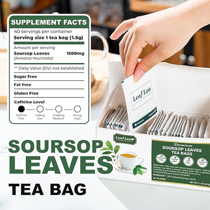 LeafLea 160 Premium Soursop Tea Bags, Natural & Pure Sour sop Graviola Tea Leave, Hoja Guanabana Leaf Herbal Tea Bags Variety Pack of 4, Digestive Support, Nutrient-Rich, Vegan, Sugar/Caffeine Free
