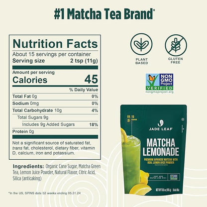 Jade Leaf Matcha Lemonade Mix, Matcha Powder with Real Lemon Juice, Japanese Matcha Green Tea, Barista Crafted Energy Drink (15 Servings, 5.8oz Packet)