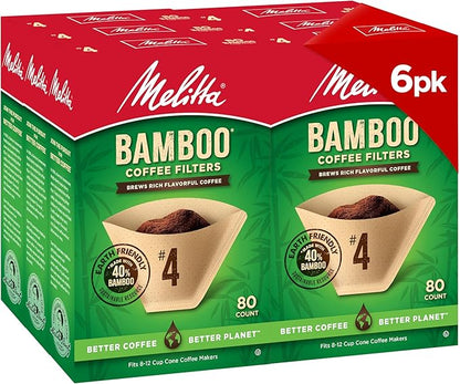 Melitta #4 Cone Coffee Filters, Bamboo, 80 Count (Pack of 6) 480 Total Filters Count - Packaging May Vary