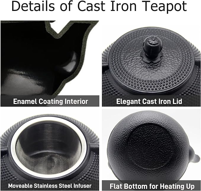 YJX Cast Iron Teapot Set with Cast Iron Warmer, Japanese Tetsubin Tea Kettle Set with Cups,Cast Iron Teapot with Stainless Steel Infuser and Enameled Interior(600ml Teapot Set Combination 1), Black