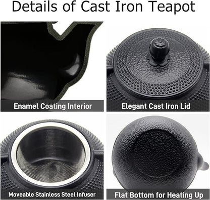 YJX Cast Iron Teapot Set with Cast Iron Warmer, Japanese Tetsubin Tea Kettle Set with Cups,Cast Iron Teapot with Stainless Steel Infuser and Enameled Interior(600ml Teapot Set Combination 1), Black