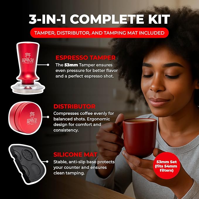 StealthActive&Co 53mm Espresso Tamper 3 in 1 Set Compatible with 54mm Filter - Spring Loaded Espresso Machine Tamper with Aluminum Handle, Espresso Distribution Tool, and Non-Slip Tamping Mat