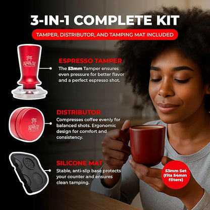 StealthActive&Co 53mm Espresso Tamper 3 in 1 Set Compatible with 54mm Filter - Spring Loaded Espresso Machine Tamper with Aluminum Handle, Espresso Distribution Tool, and Non-Slip Tamping Mat