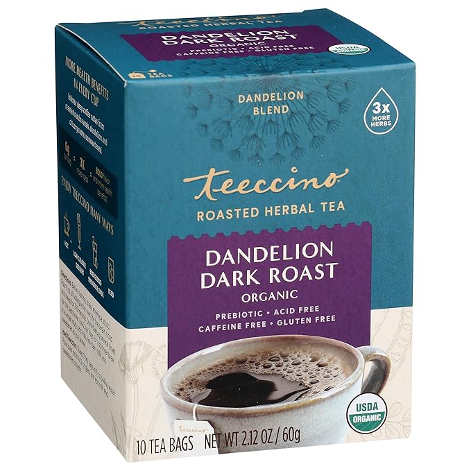 Teeccino Dandelion Dark Roast Tea - Caffeine Free, Organic, Roasted Herbal Tea with Prebiotics, 3x More Herbs than Regular Tea Bags - Gluten-Free, Acid-Free Coffee Alternative - 10 Tea Bags