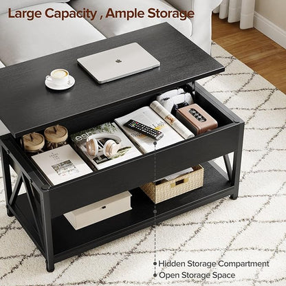 Lift Top Coffee Table,Lift Coffee Tables with Storage Shelf and Large Hidden Compartment for Living Room,Lifting top Coffee Table for Small Space,Black