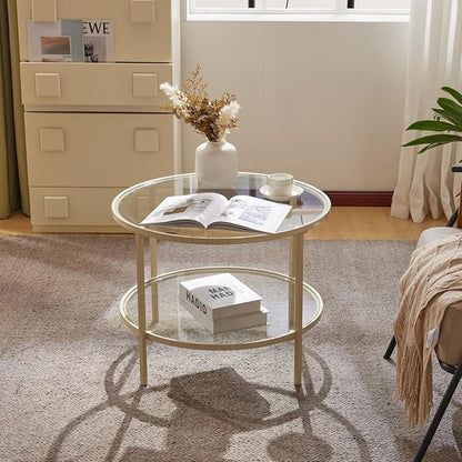 VINGLI Glass Coffee Table, 25.6" Round Coffee Table, Transparent Glass Coffee Tables for Living Room, 2-Tier Coffee Table with Storage, Modern Center Table with a Beige Frame, Mesa de Centro Para Sala