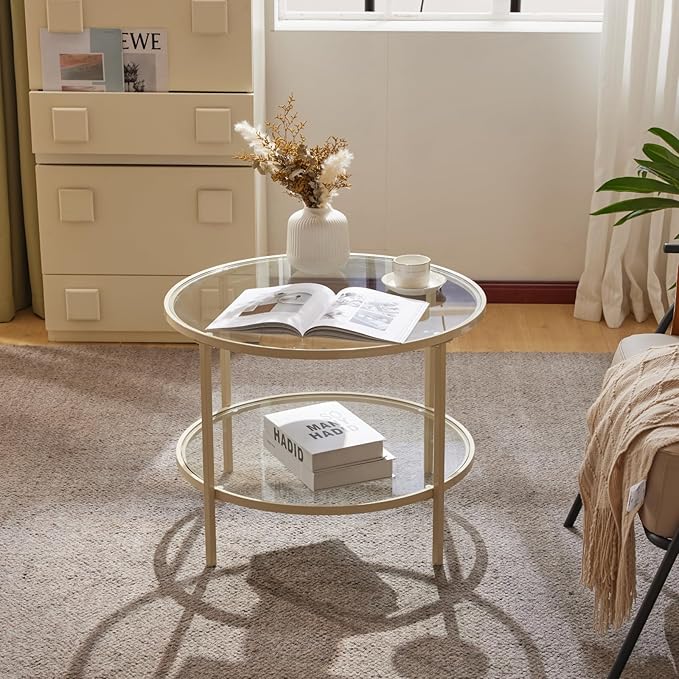 VINGLI Glass Coffee Table, 25.6" Round Coffee Table, Transparent Glass Coffee Tables for Living Room, 2-Tier Coffee Table with Storage, Modern Center Table with a Beige Frame, Mesa de Centro Para Sala
