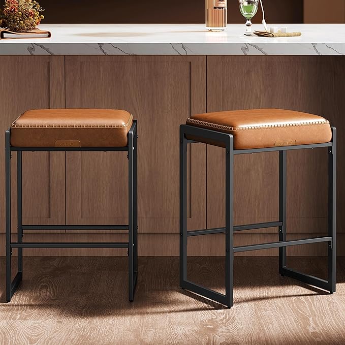 VASAGLE EKHO Collection - Bar Stools Set of 2, Counter Height Bar Stools, Synthetic Leather with Stitching, Mid-Century Modern Counter Stools, 26-Inch Tall, Kichen Home Bar Dining Room, Caramel Brown