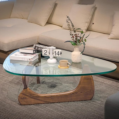 Noguchi Triangle Glass Coffee Table with Solid Wood Base, Vintage Clear Glass Top Modern Design for Living Room, Patio, Study, Light Walnut