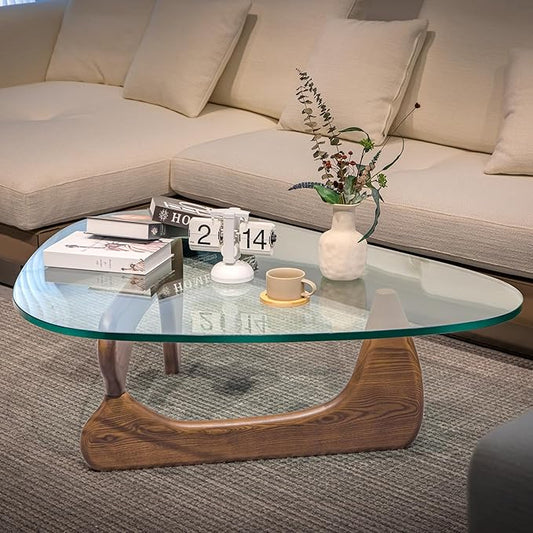 Noguchi Triangle Glass Coffee Table with Solid Wood Base, Vintage Clear Glass Top Modern Design for Living Room, Patio, Study, Light Walnut